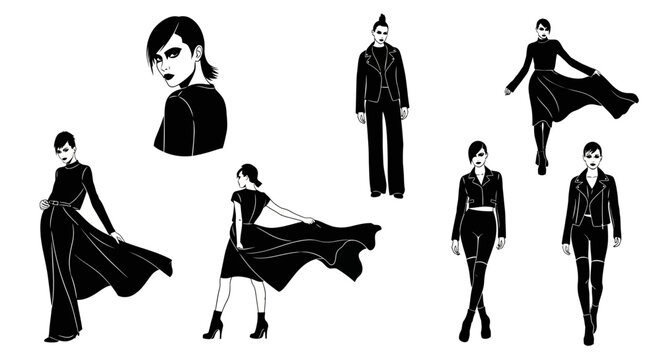 Set of fashion silhouettes featuring women in gothic style outfits