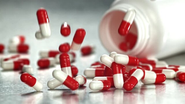 Red and white capsules pour from overturned bottle onto counter Filmed on a high-speed camera at 1000 fps.