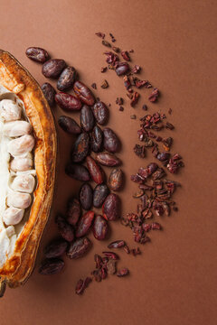 A raw cocoa bean with white pulp. Dry cocoa beans lie nearby. Macro. Vertical.