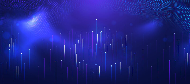 Data visualization background with vertical glowing streaks and digital particle wave in blue space.