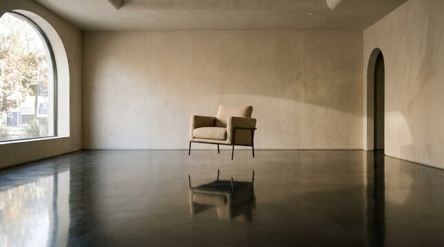 Empty chair floating illusion on reflective polished floor in minimalist bright room interior
