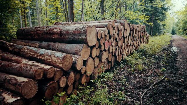 A large stack of cut timber logs piled neatly beside a dirt forest road, surrounded by green trees and ferns, depicting forestry and logging industry operations.