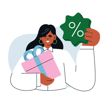 Happy woman with gift, present box and seasonal sale, discount, special offer, bonus, promo code for shopping. Holiday marketing concept. Flat vector illustration isolated on white background
