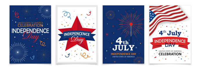 A set of holiday posters or postcards dedicated to US Independence Day, which is celebrated on July 4. The posters are made in patriotic colors. © olhatszrv