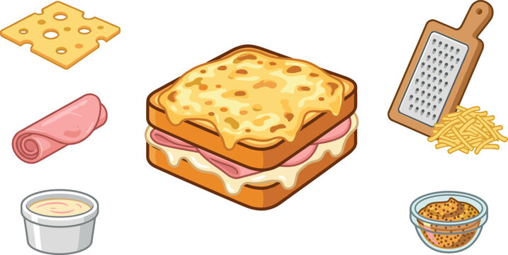 Croque Monsieur French Ham and Cheese Sandwich Vector Set with Grater, Mustard, and Bechamel Sauce Elements
