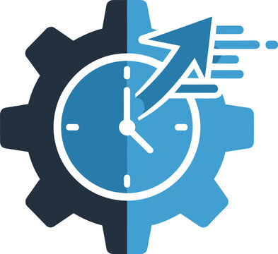 Gear with clock and speed arrow icon vector illustration in blue and dark blue for efficiency and time.