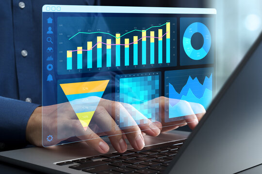Marketing data analysis and customer behavior analytics charts. Dashboard with graphs of statistical web analytics. Analyst analyzing consumer data on laptop computer.