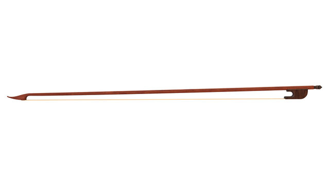 Professional wooden violin bow with horsehair and ebony frog, isolated on a transparent background. High quality 3D render for musical, classical orchestra and concert concepts.