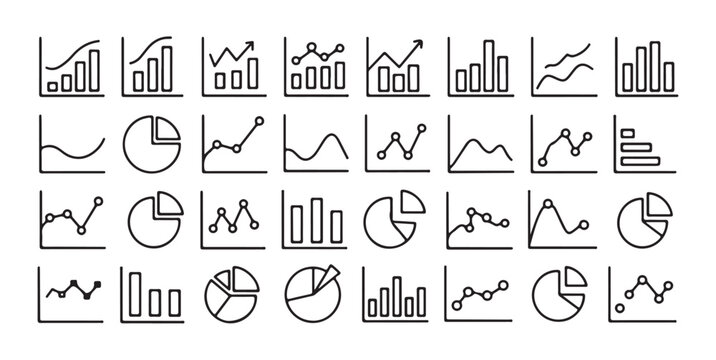 Extensive collection of various black and white line art graph and chart vector icons.