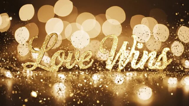 Sparkling golden text spelling out 'Love Wins' with a bokeh background, symbolizing hope and victory.