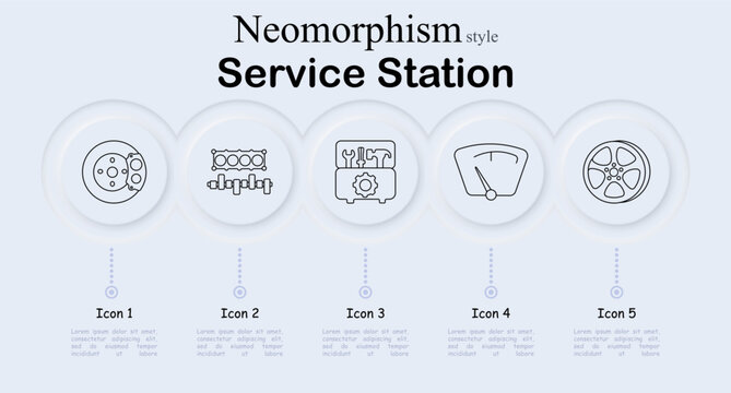 Service station set icon. Neomorphic circular interface line icons with brake disc caliper, engine cylinder block, mechanic toolbox gear, speedometer gauge dial, car wheel rim