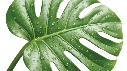 Fototapeta premium Vibrant monstera leaf featuring realistic water droplets resting on the detailed green organic foliage texture surface