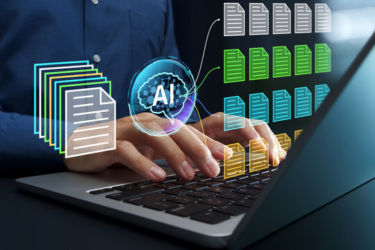 AI-powered document classification. Automated document management system DMS. File and folder icons. Businessperson using laptop computer with intelligent text processing solutions.
