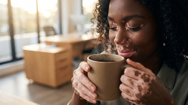 Smiling African American woman with vitiligo enjoying a hot cup of coffee in a modern office. Diversity, inclusion, and morning routine concept
