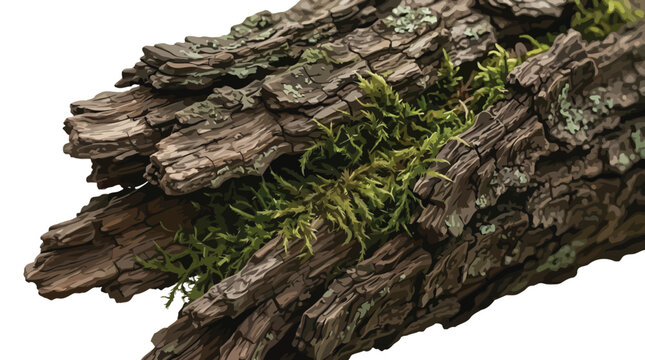 Detailed textured bark of a weathered tree log covered in vibrant green moss isolated white