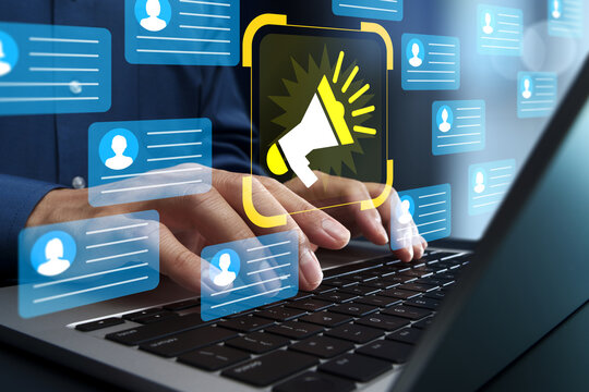 Social media marketing. Digital content campaign and viral marketing strategy. Influencer using a laptop to post content and reach target audience.