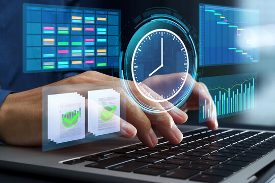 Time management and task scheduling. Prioritization for productivity. Businessman setting goals and tracking time on a laptop computer.