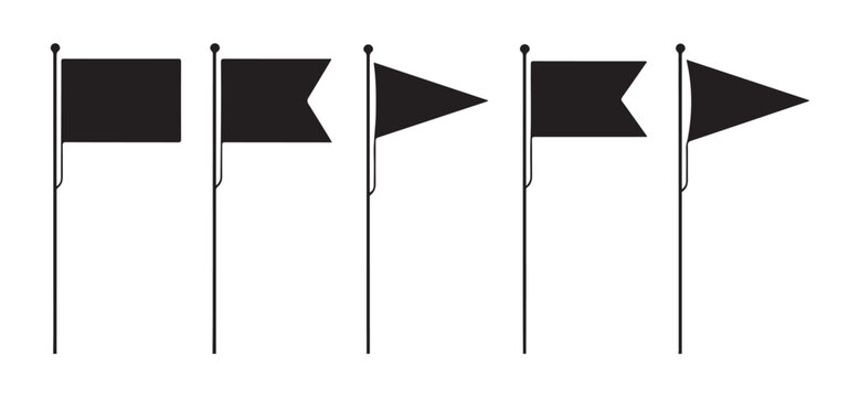 Black flag silhouette icons on pole different shapes set for marking location or goal on white background.