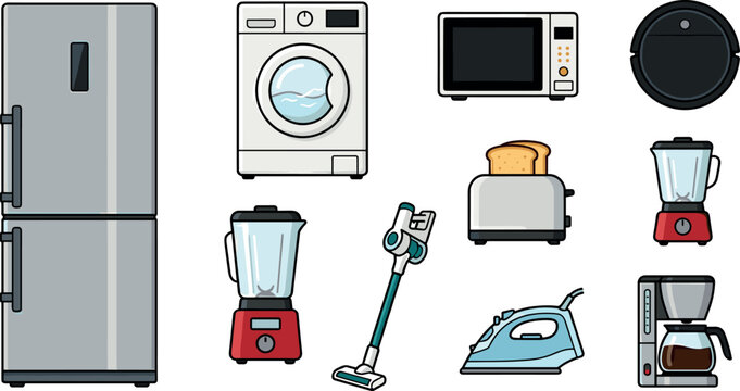 Home Appliances Icon Set with Refrigerator, Washing Machine, Microwave, Vacuum, and Kitchen Electronics