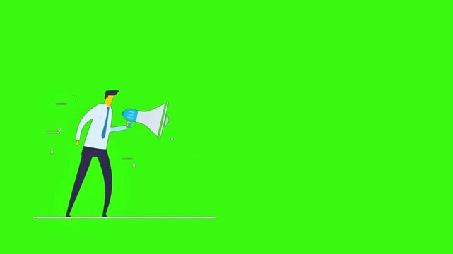 Animated businessman shouting announcement through megaphone vector illustration