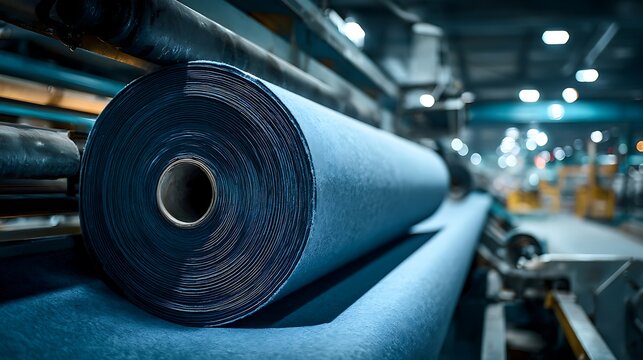 Large Roll of Blue Denim Fabric in a Textile Factory Production Line.