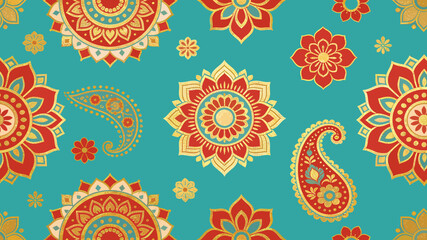 Vibrant Teal Background with Intricate Red and Gold Paisley and Mandala Motifs. © abi