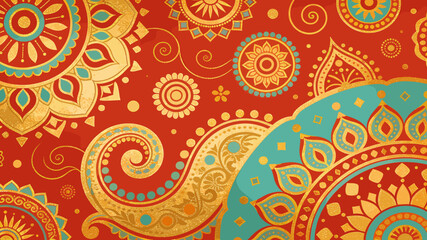 Vibrant Indian Mandala Pattern with Intricate Gold and Teal Designs on a Red Background. © abi