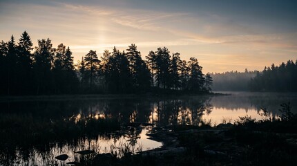 Naklejka premium Misty Forest Lake at Sunset with Silhouetted Trees and Calm Reflections