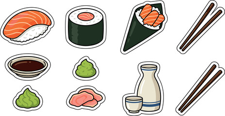 Japanese Sushi Sticker Set with Salmon Nigiri, Maki Roll, Temaki Cone, Soy Sauce, Wasabi, and Sake Bottle Symbols © MstSuraiya