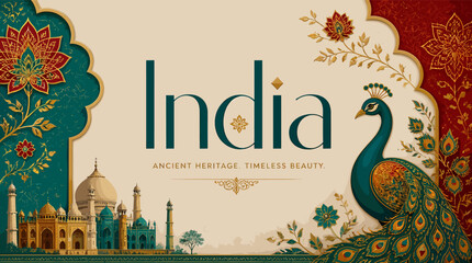 An artistic depiction of India featuring the Taj Mahal, a peacock, and intricate floral patterns, celebrating ancient heritage and timeless beauty. © abi