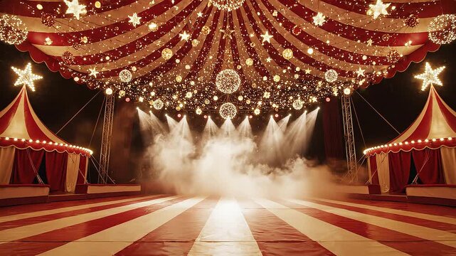 Grand Circus Tent Interior with Illuminated Stage and Dramatic Smoke Effects.