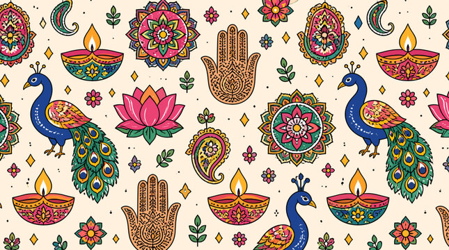 Seamless pattern with traditional Indian motifs including peacocks, diyas, mandalas, lotus flowers, and hamsa hands on a light background.