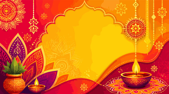 Vibrant Indian festival background with traditional motifs, glowing diyas, and a kalash, featuring rich red, orange, and yellow hues for celebration.
