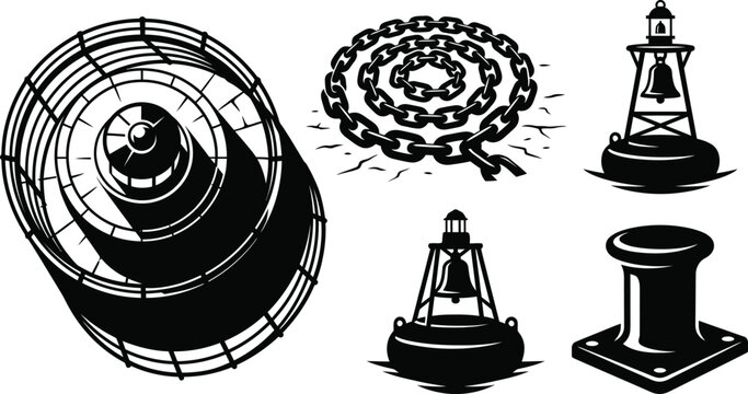 Marine navigation icons including lighthouse blueprint and anchor chains pack, vector illustration.