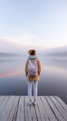 Obraz premium Woman on a misty lakeside dock at dawn for serene travel poster and pastel nature wallpaper background with soft sunrise colors and reflective calm water