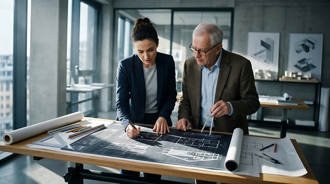 Professional architects reviewing floor plans at a design studio