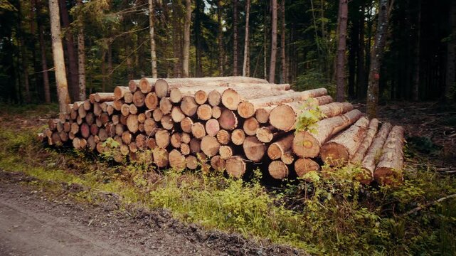 A large stack of cut timber logs piled neatly beside a dirt forest road, surrounded by green trees and ferns, depicting forestry and logging industry operations.