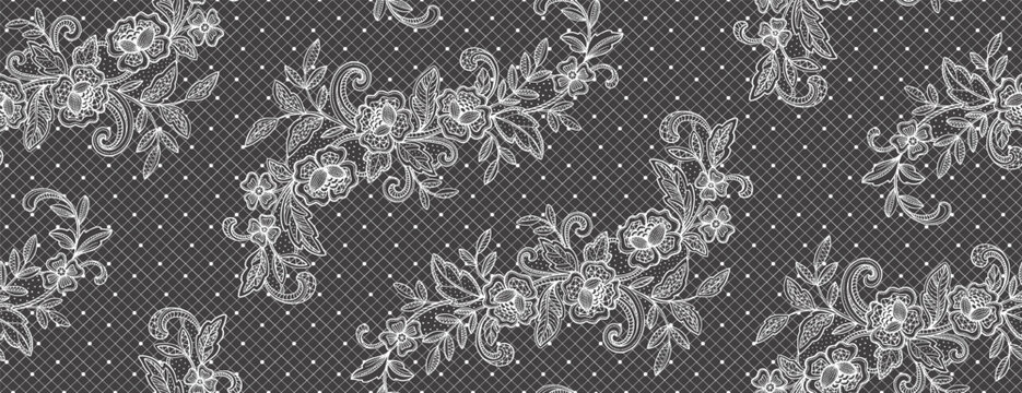 Vector Vintage lace seamless pattern with ornate floral details. Decorative hand-drawn romantic background. Design for wedding invitations, valentine cards, love branding