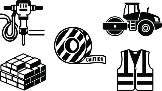 Heavy roadworks construction tools and civil engineering safety gear pack, vector illustration.