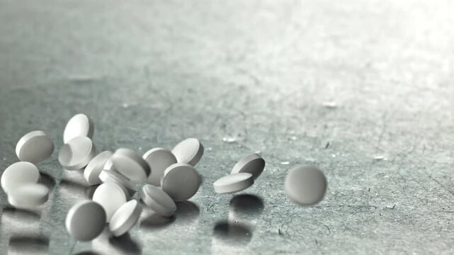 White round tablets tumble on textured grey surface, clinical closeup Filmed on a high-speed camera at 1000 fps.
