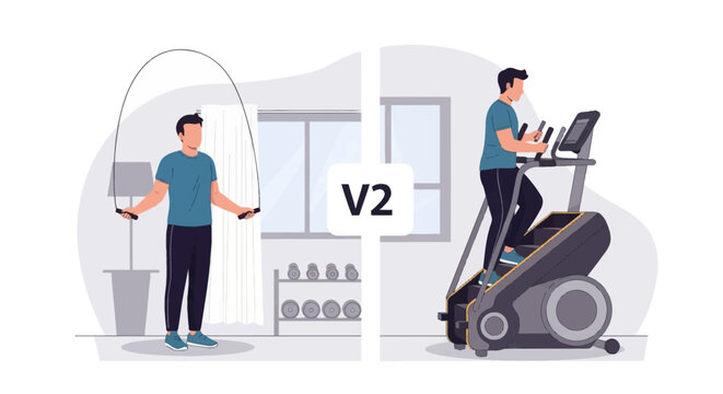 Vector illustration of a split-screen comparison showing a man skipping rope in a home gym and another man using a stair climber machine for an indoor cardio fitness workout.