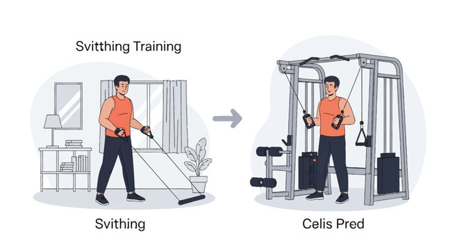 Vector illustration comparing a man performing resistance band exercises in a home living room versus using a professional cable crossover machine in a gym facility setting.