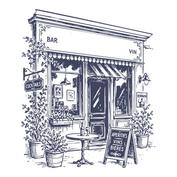 Vintage Hand Drawn French Bistro Storefront Illustration - Retro Wine Bar and Cafe Facade Vector