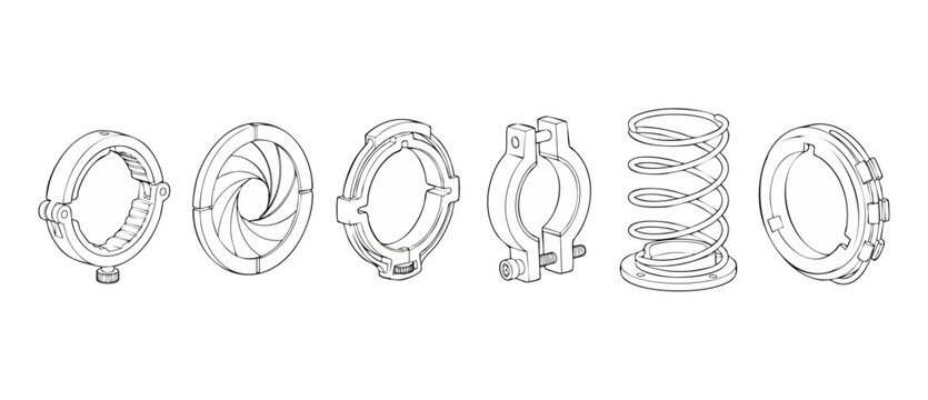 Mechanical parts line art diagrams showing industrial engineering components such as metal spring, iris diaphragm aperture, pipe clamp, and locking collar rings isolated on a clean white background.