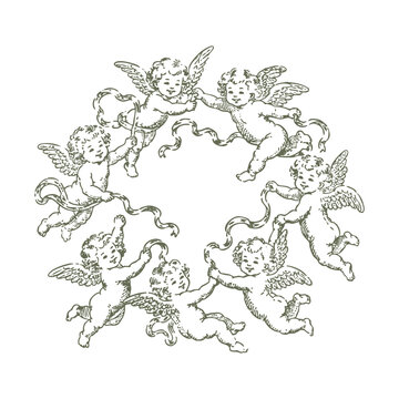 Vintage Antique Engraving Cherubs Wreath Illustration - Retro Flying Angels Circle Frame Vector with Ribbon
