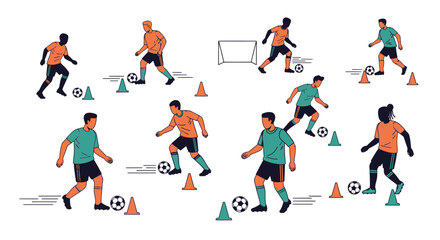 Fototapeta premium Soccer players training with cones and balls on a white background illustration