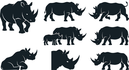 Rhinoceros Silhouette Vector Set with Wild Rhino Shapes, Profile Outlines, and African Safari Animal Graphics © MstSuraiya