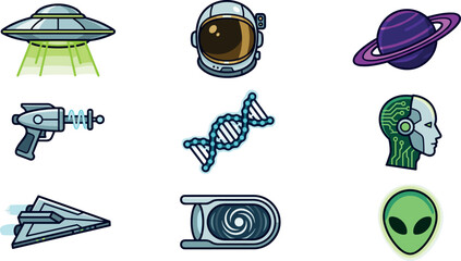 Sci-Fi and Space Exploration Icon Set with UFO, Astronaut Helmet, Alien Face, Planet, and Futuristic Technology Symbols © MstSuraiya