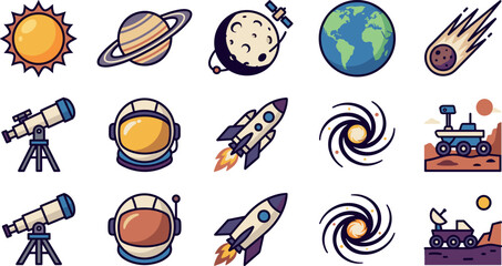 Space Exploration and Astronomy Icon Set with Astronaut Helmet, Rocket Ship, Planets, Telescope, and Mars Rover Symbols © MstSuraiya