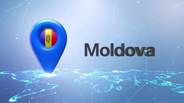 Moldova Flag Inside Location Pin On Digital World Map Animation